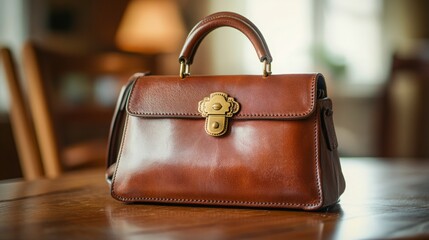 Elegant Vintage Leather Handbag on Wooden Table in Cozy Setting