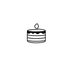 Minimalist Black and White Illustration of a Layered Cake Topped with a Single Candle Flame on a White Background.