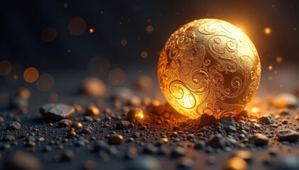 Intricate etched swirls, gleaming gold sphere , hanging, ornament