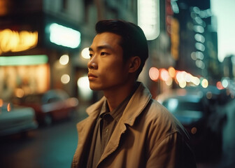 Stylish man walking through neon-lit city at night