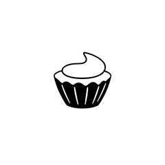 Minimalist black and white line art illustration featuring a frosted cupcake, centered against a stark white background.