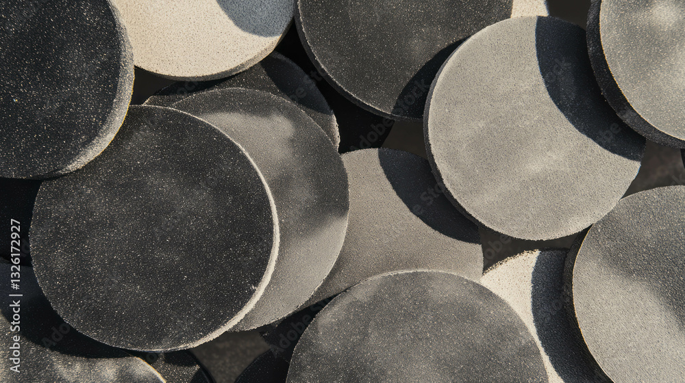 Poster Abstract arrangement of sandpaper discs and pads creating chaotic texture for artistic backgrounds