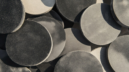 Abstract arrangement of sandpaper discs and pads creating chaotic texture for artistic backgrounds