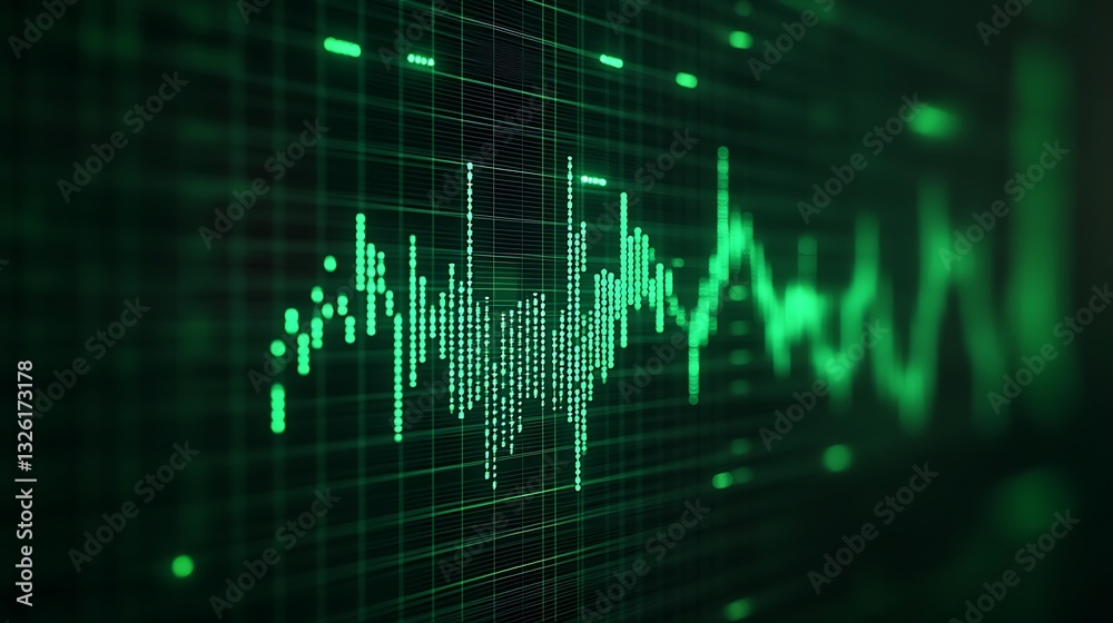 Poster abstract digital sound wave visualization in green on dark background with grid patterns for modern 