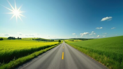 Fototapeta premium A quiet countryside road winding through lush green fields, stretching under a bright blue sky with fluffy white clouds. A serene, picturesque rural landscape in ultra HD.