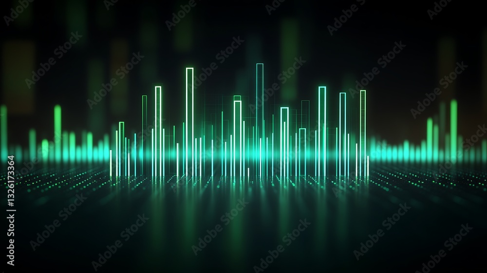 Poster abstract digital sound wave visualization with neon lines and glowing elements in dark background