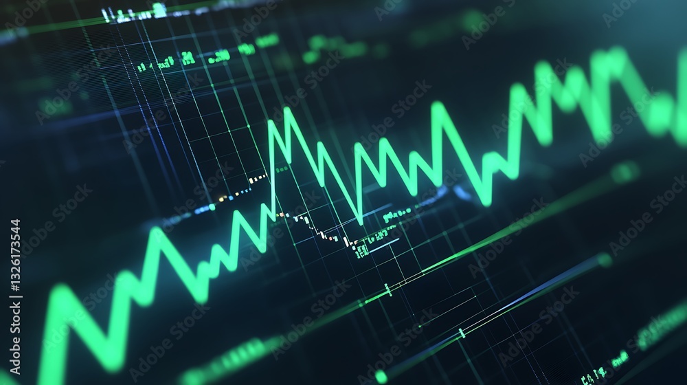 Poster abstract digital stock image depicting green financial data chart with fluctuating lines and grids