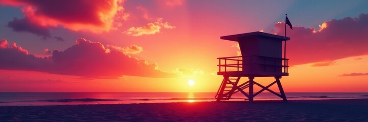 Lifeguard tower silhouette, vibrant sunset sky, tropical, golden hour, vacation