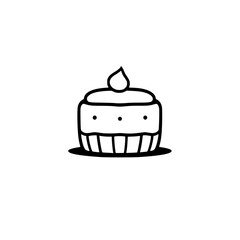 A simple, clean, and minimalist black and white line drawing of a cupcake with a swirl of icing on a solid white background.