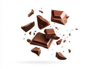 milk, white and dark chocolate broken into pieces in the air on a white background, splashes