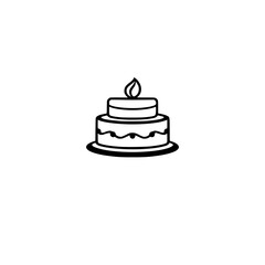 Minimalist Black and White Illustration of a Two-Tiered Cake with a Lit Candle, Set Against a White Background.