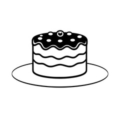 Simple black and white illustration of a round, three-layered cake with dark frosting and decorative white dots, resting on a plain plate.