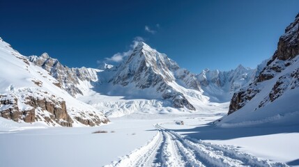 Obraz premium A high-altitude mountain pass covered in pristine fresh snow, the deep blue sky above contrasting the icy peaks, creating a breathtaking and crisp alpine landscape.