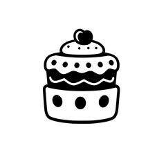 Minimalist Black and White Cake Illustration with Heart Cherry, Dots, and a Simple, Round Cake Design.