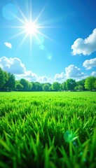 Obraz premium Lush green soccer field under vibrant blue sky, bright sun , view, active, soccer