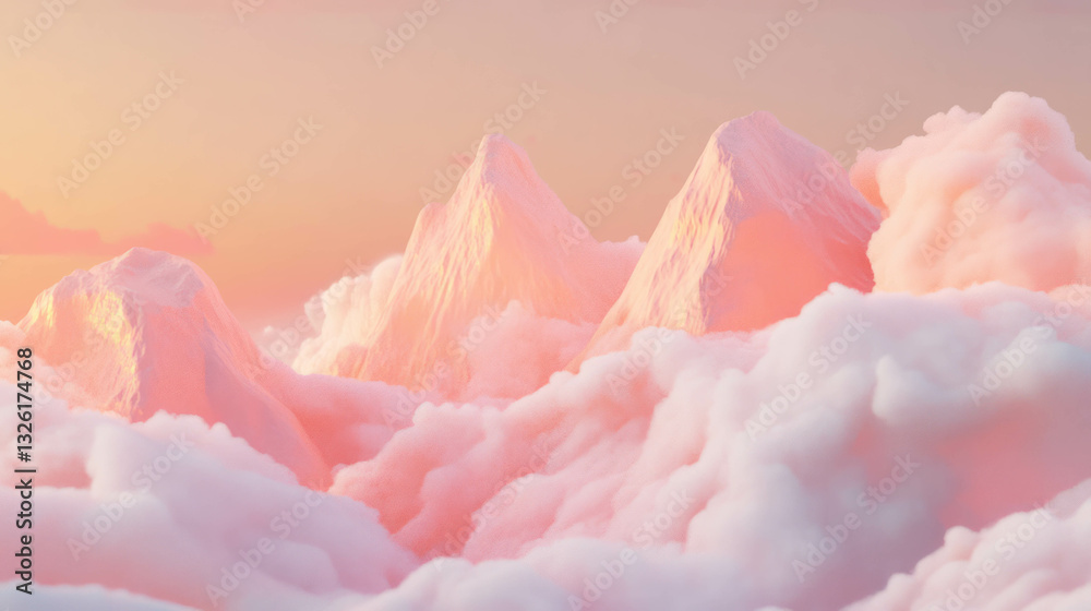 Poster ethereal pink clouds and mountains abstract landscape with soft textures