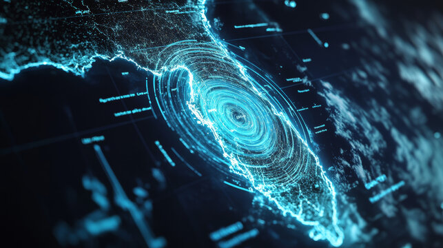 A vivid digital map showcases a hurricane near the Florida coast, highlighting swirling storm patterns and detailed intensity metrics. The visualization represents the storm's impact on the region