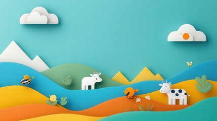 A children illustration of animals planting rice in a colorful field