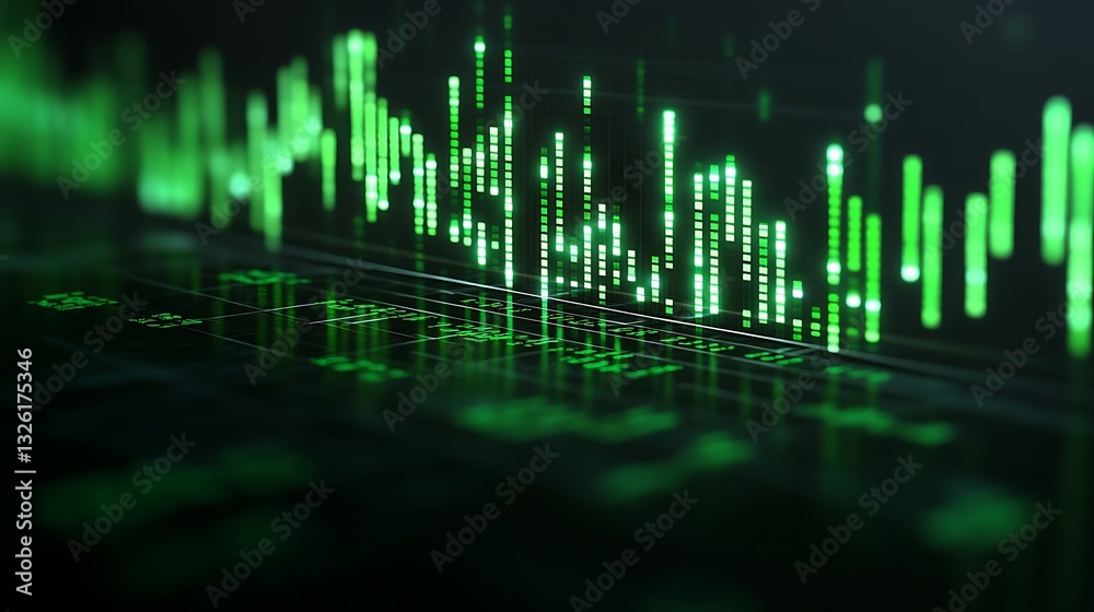 Poster abstract digital visualization of stock market data with green color scheme and dynamic movement