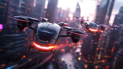 A fleet of autonomous electric air taxis flying above a futuristic smart city, their sleek designs reflecting neon city lights, revolutionizing urban transportation