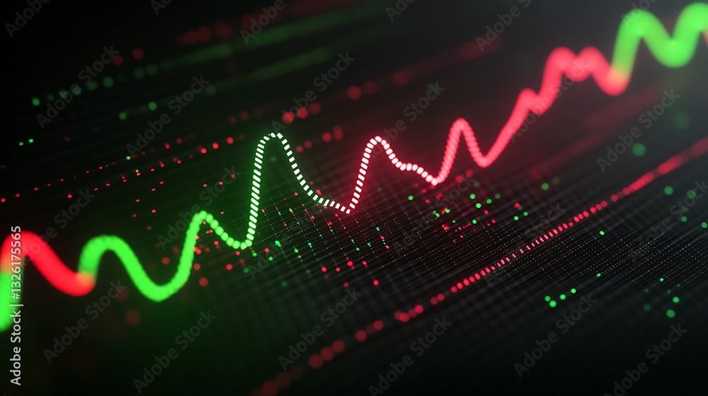 Poster abstract digital waveform in green and red colors representing data visualization and technology con