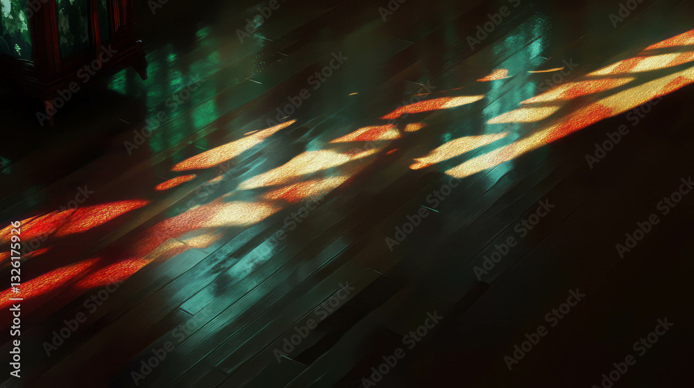 Aufkleber Abstract play of light and shadows on wooden floor creating chaotic pattern