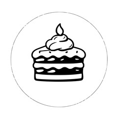 Monochromatic Cake Icon within Circle: Layered Cake with Frosting, Simple Black and White Design, Confectionery Delight.