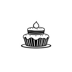 Minimalist Black & White Illustration of a Two-Tiered Cupcake with a Droplet Decoration on a Plate, Isolated on White