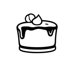 Vector Illustration: Simple black and white cake with glaze dripping down the sides, decorated with a droplet and nut-like shapes on top.