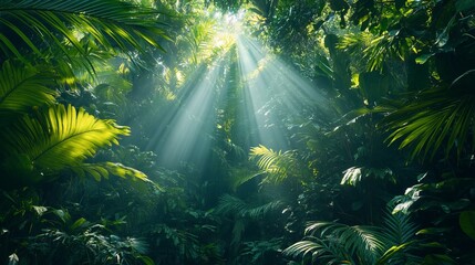 Obraz premium Lush Jungle Scene with Sunlight Streaming Through Vibrant Green Leaves Creating a Serene Atmosphere