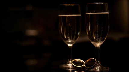 Two glasses of champagne with a pair of wedding rings. A night of celebration.
