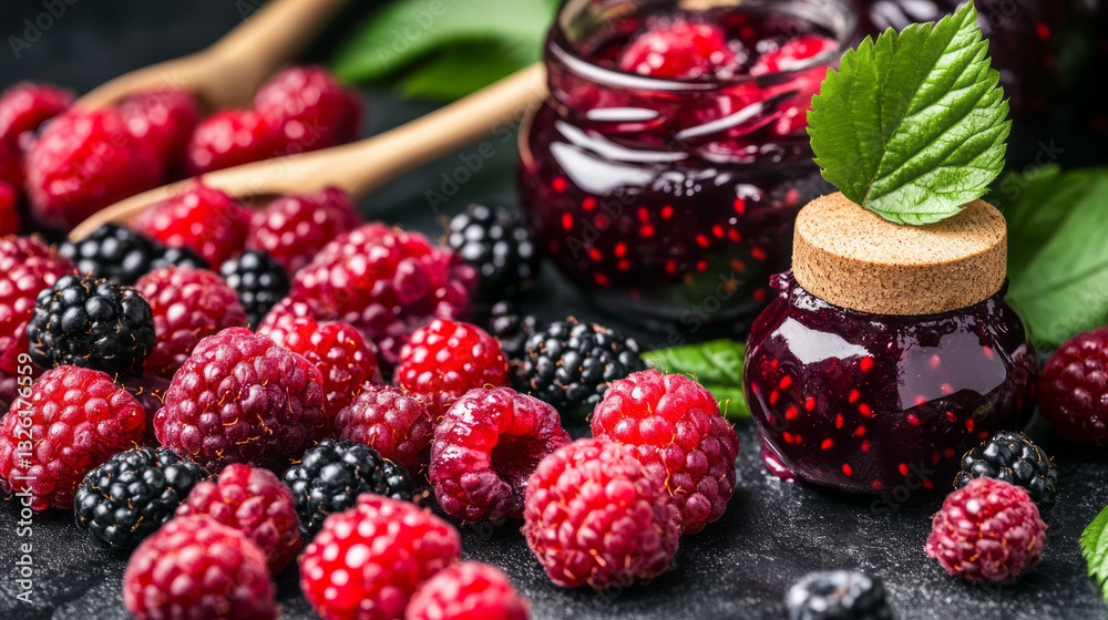 Aufkleber wineberry jam texture and tangy chaos featuring fresh berries in a rustic setting