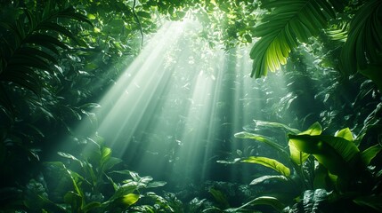 Obraz premium Enchanting Jungle Scene with Sunlight Streaming Through Lush Green Leaves Creating a Magical Atmosphere