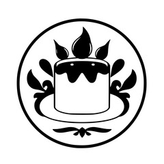 Elegant Black and White Circular Icon Featuring a Cake with Dripping Icing and Decorative Flourishes, Surrounded by a Circle Border.