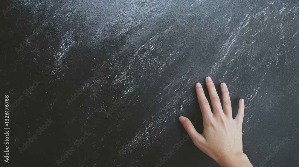 Poster exploring textured surface with hand on worn sandpaper