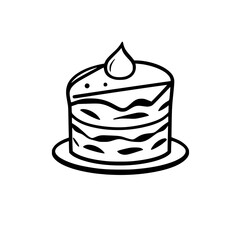 Black and white minimalist illustration of a layered cake with a single icing drop on top, presented on a plate, isolated on a white background.