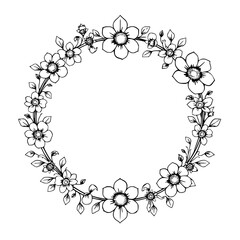 Elegant Black and White Floral Wreath: Detailed Line Art Composition on a Blank Canvas, Perfect for Design Elements
