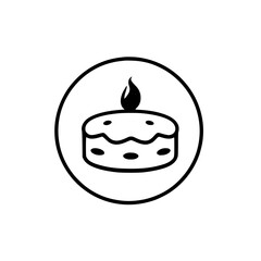Minimalist Illustration of a Birthday Cake Icon with a Lit Candle, Enclosed Within a Circular Border.