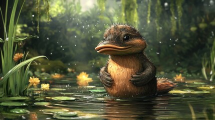 A Cute Cartoonish Platypus Is Swimming In Water Calmly