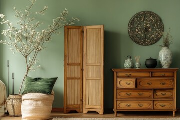 A cozy living room with green walls and matching furniture, perfect for a home office or relaxing space