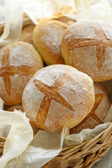 Close up of homemade wheat rolls, freshly baked. Homemade breakfast.