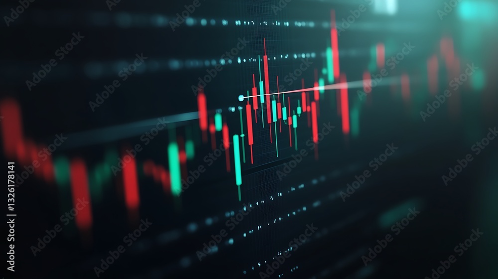 Poster abstract financial data visualization with colorful graphs and candlestick chart indicators in dark 