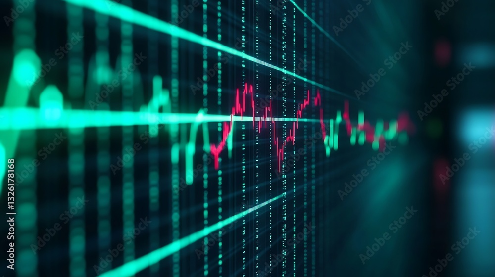 Poster abstract financial data visualization with colorful graphs and dynamic lines representing market tre
