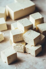A block of tofu placed on a table surface