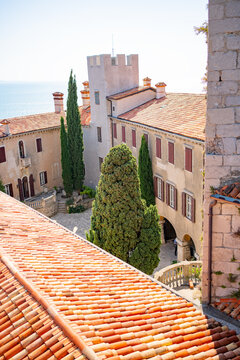 Duino, Italy - September 21, 2024: Beautiful Duino castle. Inner garden view from above 