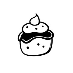 Bold, Minimalist Black and White Illustration of a Frosted Cupcake with Decorative Dots on a Pure White Background.