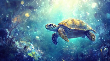 Fototapeta premium A beautiful sea turtle swims through ocean water peacefully