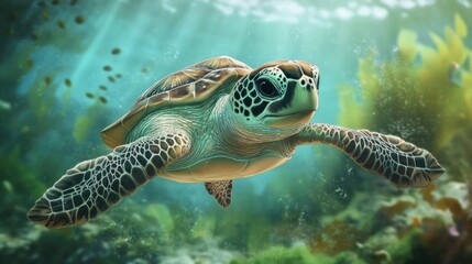 Fototapeta premium A beautiful green sea turtle swims through clear ocean waters calmly
