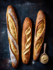 A variety of freshly baked bread in a basket with crispy crusts, including baguettes and rolls, perfect for a healthy breakfast or meal