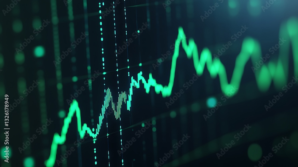 Poster abstract financial data visualization with green line graph and data points representing growth and 